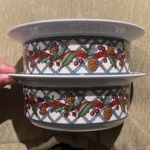2 DANSK Nordic Holiday Cereal Bowls Lattice Pinecones Berries Discontinued